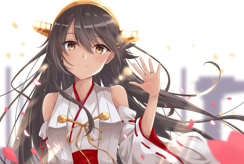 1girl absurdres bangs bare_shoulders black_hair blurry blurry_background blush breasts brown_eyes closed_mouth detached_sleeves floating_hair gensoukitan hair_ornament hairband hairclip hand_up haruna_(kantai_collection) headgear highres japanese_clothes jewelry kantai_collection large_breasts long_hair looking_at_viewer nontraditional_miko petals remodel_(kantai_collection) ring sidelocks smile solo wedding_band wind