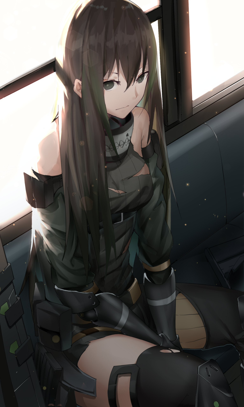 1girl absurdres armband assault_rifle asymmetrical_legwear bangs bare_shoulders belt between_legs black_hair breasts brown_hair buckle closed_mouth clothes_around_waist expressionless eyebrows_visible_through_hair gauntlets girls_frontline gloves green_eyes green_hair gun hand_between_legs headphones highres jacket jacket_around_waist light_particles long_hair looking_at_viewer m4_carbine m4a1_(girls_frontline) madao multicolored_hair pouch ribbed_legwear ribbed_sweater rifle scarf sidelocks sitting strap streaked_hair sweater sweater_vest thigh-highs thighs torn_clothes weapon
