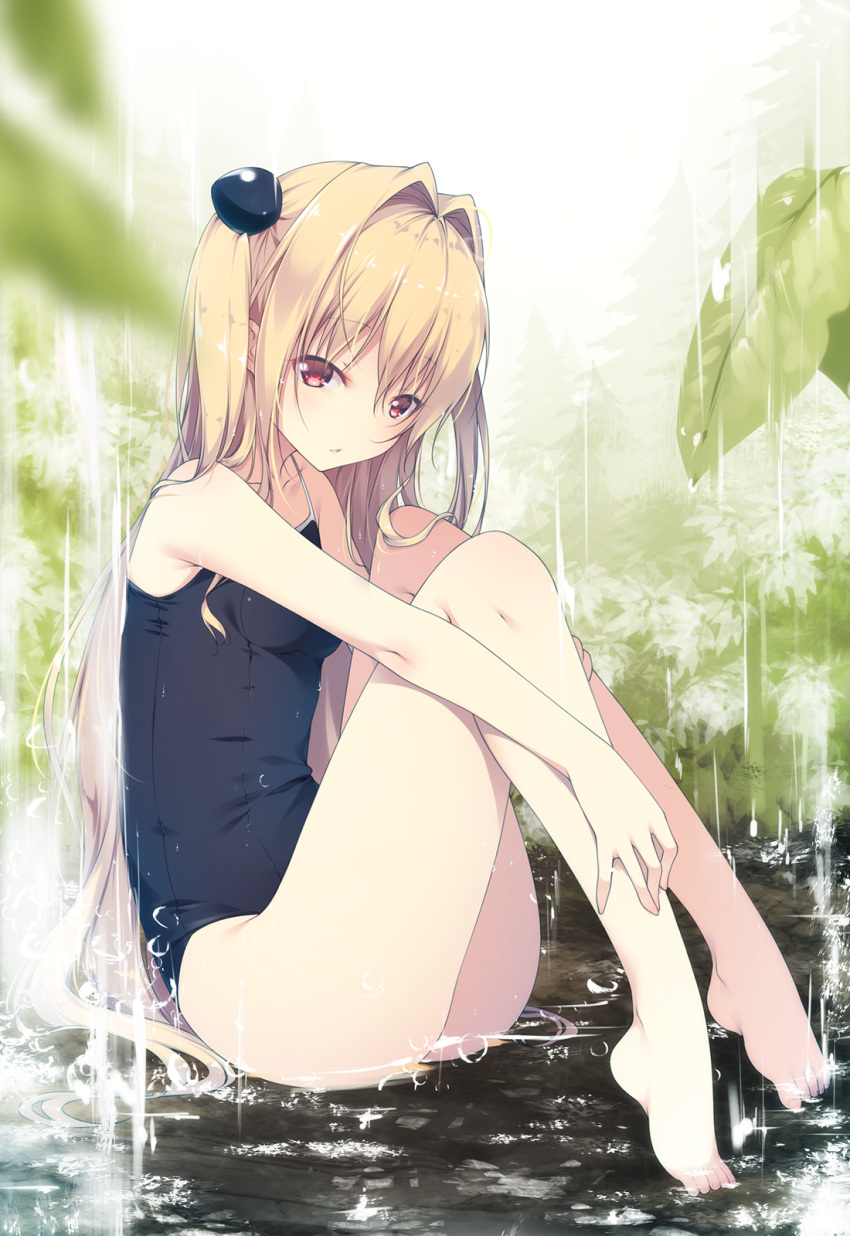 1girl ass bangs bare_legs blonde_hair blurry blush breasts closed_mouth day depth_of_field hair_intakes highres knees_up konjiki_no_yami leaf long_hair looking_at_viewer one-piece_swimsuit outdoors plantar_flexion pond red_eyes school_swimsuit shokuyou_mogura sidelocks sitting small_breasts solo swimsuit thighs to_love-ru two_side_up water waterfall