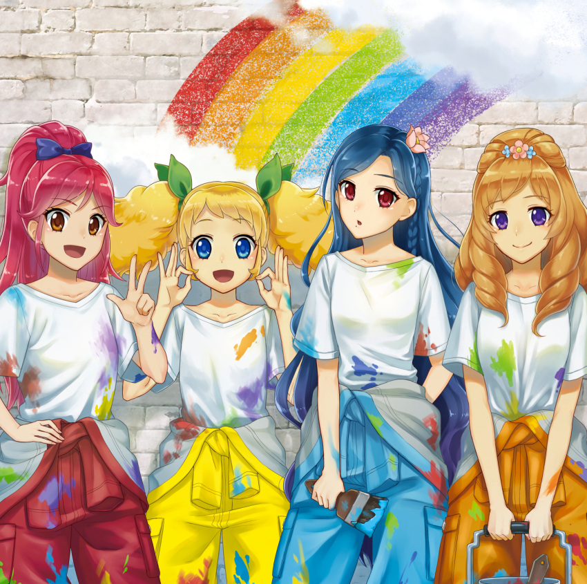 4girls :d aikatsu! aikatsu!_(series) arm_behind_back bangs blonde_hair blue_eyes blue_hair bow braid brick_wall brown_eyes brown_hair bucket cowboy_shot drill_hair eyebrows_visible_through_hair fingernails flower hair_bow hair_flower hair_ornament hair_ribbon hand_on_hip highres himesato_maria holding kazesawa_sora long_hair mole mole_under_mouth multiple_girls ok_sign open_mouth otoshiro_seira paint paint_on_body paint_on_clothes paint_splatter paintbrush pants pink_eyes pink_hair ponytail rainbow raito_(latek) ribbon saegusa_kii shirt short_sleeves smile standing t-shirt twintails very_long_hair violet_eyes w white_shirt