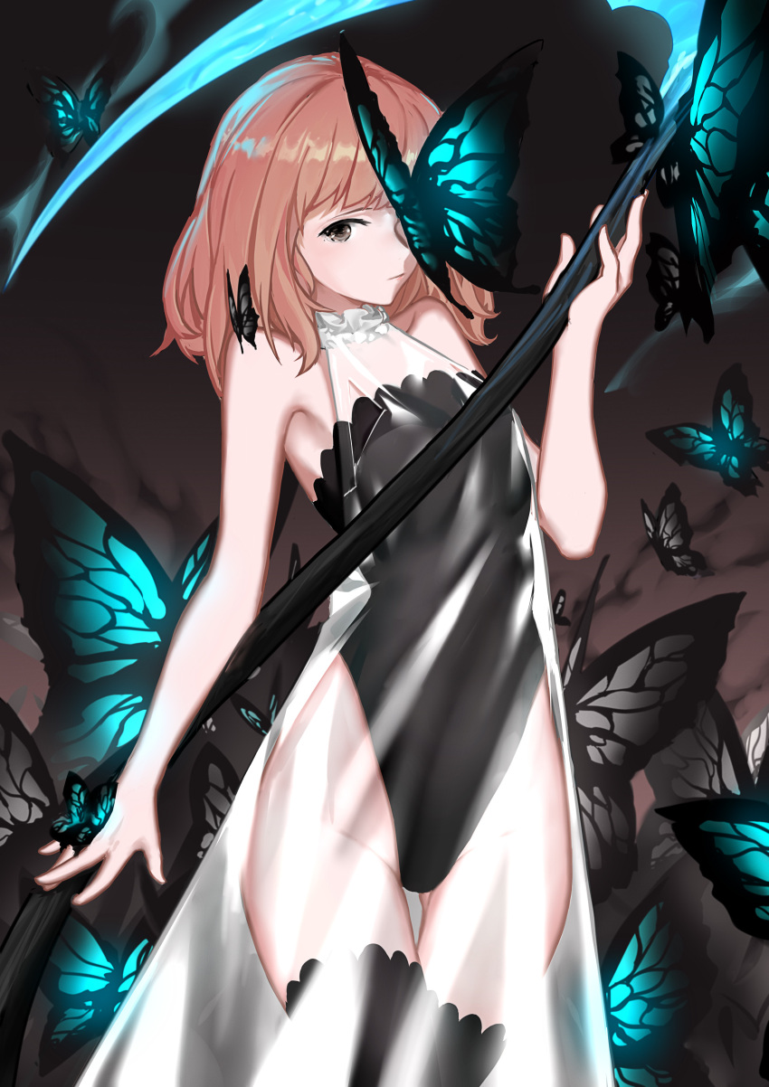 1girl absurdres animal armpits bare_arms bare_shoulders black_legwear black_leotard breasts brown_eyes brown_hair bug butterfly character_request closed_mouth commentary_request dress forever_7th_capital glowing highres holding holding_scythe insect leotard long_hair looking_at_viewer medium_breasts one_eye_covered scythe see-through sleeveless sleeveless_dress solo thigh-highs wu_lun_wujin