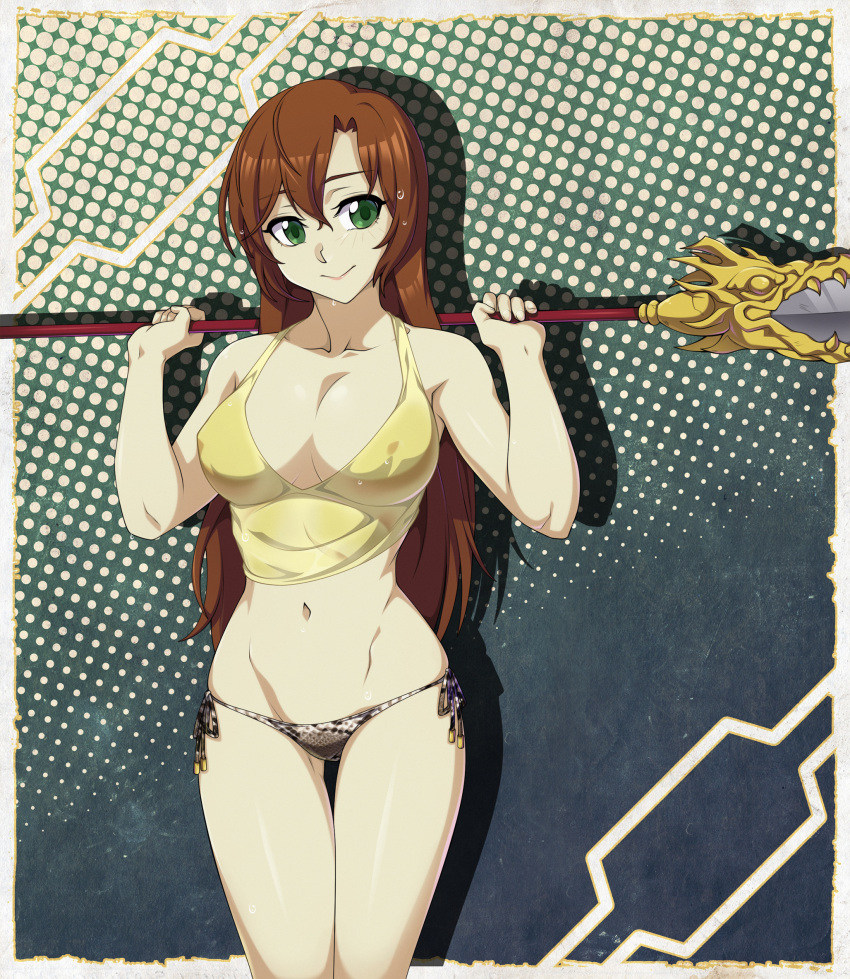 1girl bikini_bottom breasts brown_hair character_request cleavage commentary commission cowboy_shot english_commentary green_eyes highres large_breasts long_hair navel original over_shoulder panties polearm polka_dot shirt side-tie_panties solo spike_wible tank_top thigh_gap underwear weapon weapon_over_shoulder wet wet_clothes wet_shirt
