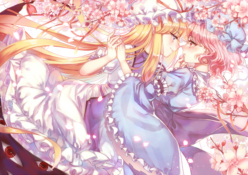 2girls absurdres arm_garter blonde_hair blue_kimono blurry blush bow cherry_blossoms chin_grab chinese dayu_edora depth_of_field dress eye_contact eyebrows_visible_through_hair eyes frilled_dress frilled_shirt_collar frilled_sleeves frills gap hand_holding hand_on_another's_chin hat hat_ribbon highres imminent_kiss japanese_clothes kimono leaning_forward long_dress long_hair long_sleeves looking_at_another mob_cap multiple_girls new_year nose_blush obi parted_lips petals profile puffy_short_sleeves puffy_sleeves red_bow red_eyes red_ribbon ribbon saigyouji_yuyuko sash see-through shiny shiny_hair short_hair short_sleeves smile tabard touhou triangular_headpiece veil very_long_hair wavy_hair white_dress wide_sleeves yakumo_yukari yuri