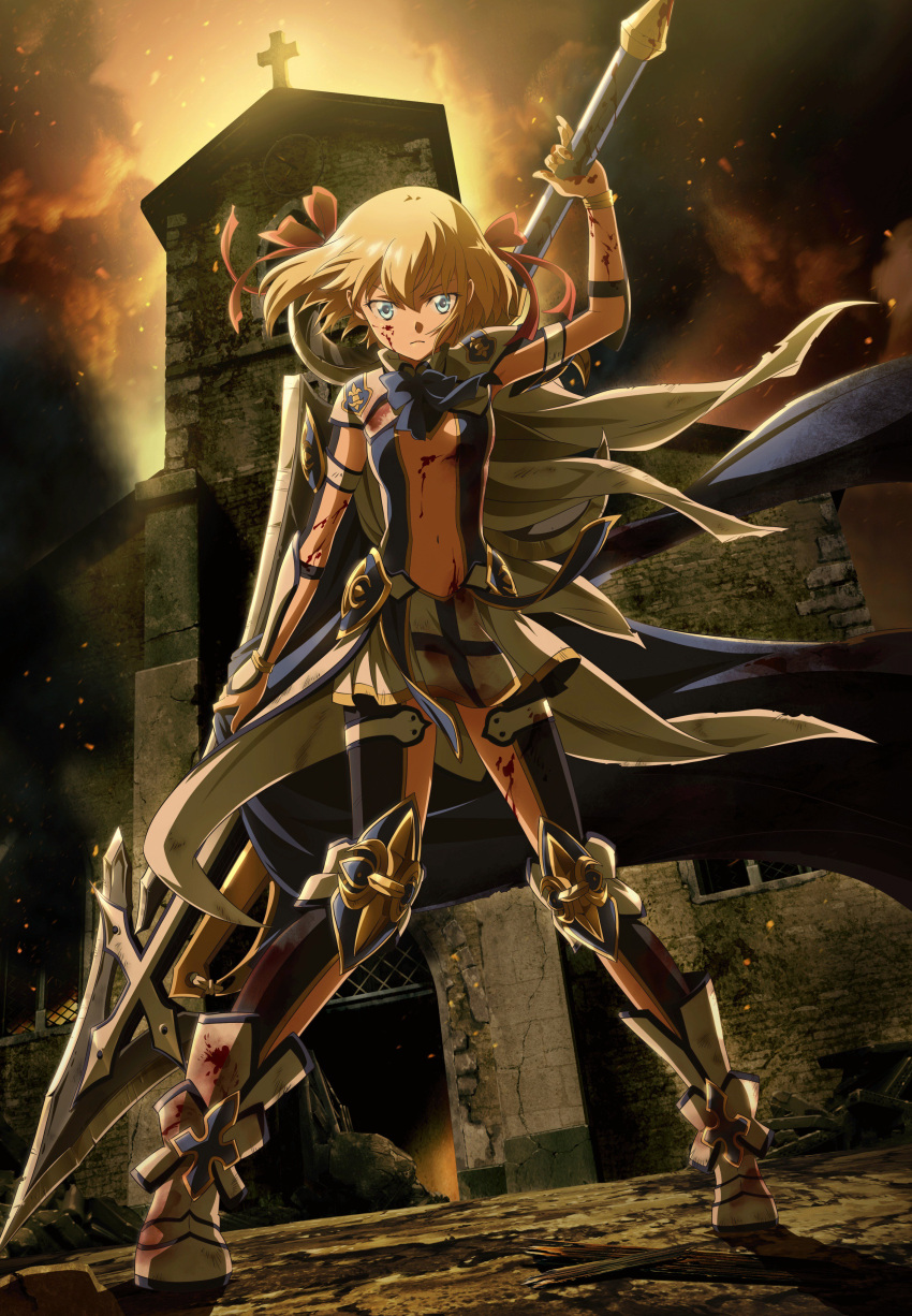 1girl absurdres armlet blonde_hair blood blood_on_face blood_splatter blood_stain blue_eyes boots breasts center_opening character_request church copyright_request embers flag full_body hair_ribbon highres key_visual knee_pads looking_at_viewer miniskirt neck_ribbon official_art polearm ribbon ruins short_hair skirt small_breasts smoke solo spear vambraces weapon