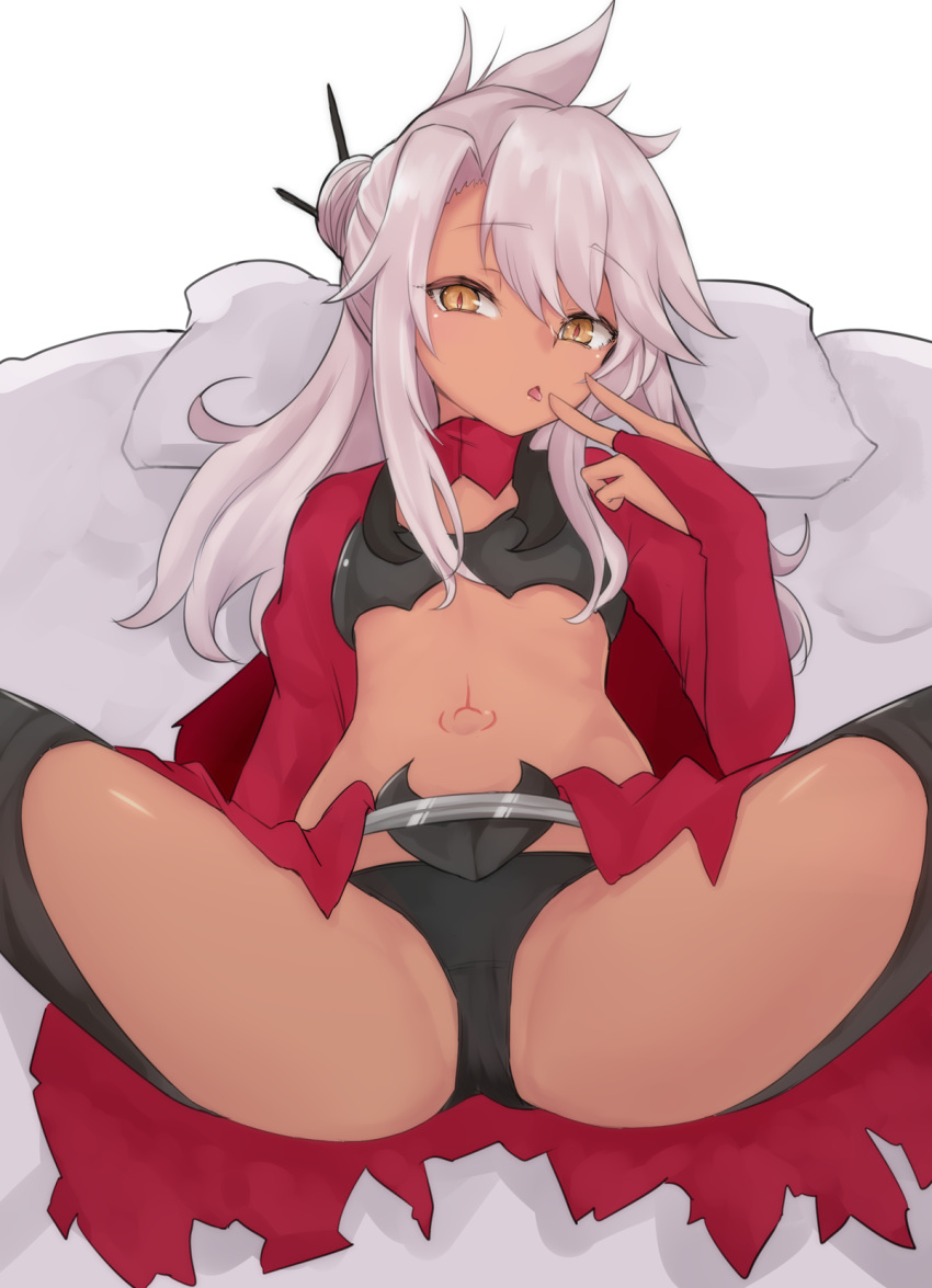 1girl bangs bed_sheet black_legwear black_panties bridal_gauntlets brown_eyes chloe_von_einzbern commentary_request dark_skin eyebrows_visible_through_hair fate/kaleid_liner_prisma_illya fate_(series) grey_hair hair_between_eyes hair_bun highres long_hair looking_at_viewer lying navel nyakonro_(nekonro) on_back panties parted_lips pillow sidelocks simple_background solo spread_legs stomach_tattoo tattoo thigh-highs tongue tongue_out underwear white_background