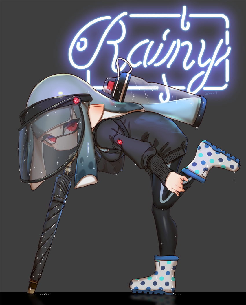 1girl black_jacket black_pants black_umbrella blue_hair boots closed_mouth closed_umbrella commentary_request domino_mask english from_side grey_background highres ink_tank_(splatoon) inkling jacket leaning_forward long_sleeves looking_at_viewer looking_to_the_side mask neon_lights pants pointy_ears polka_dot polka_dot_footwear red_eyes rubber_boots see-through signature simple_background solo splatoon standing standing_on_one_leg tentacle_hair track_pants umbrella visor_cap wet wet_jacket wet_pants white_footwear yu-ri