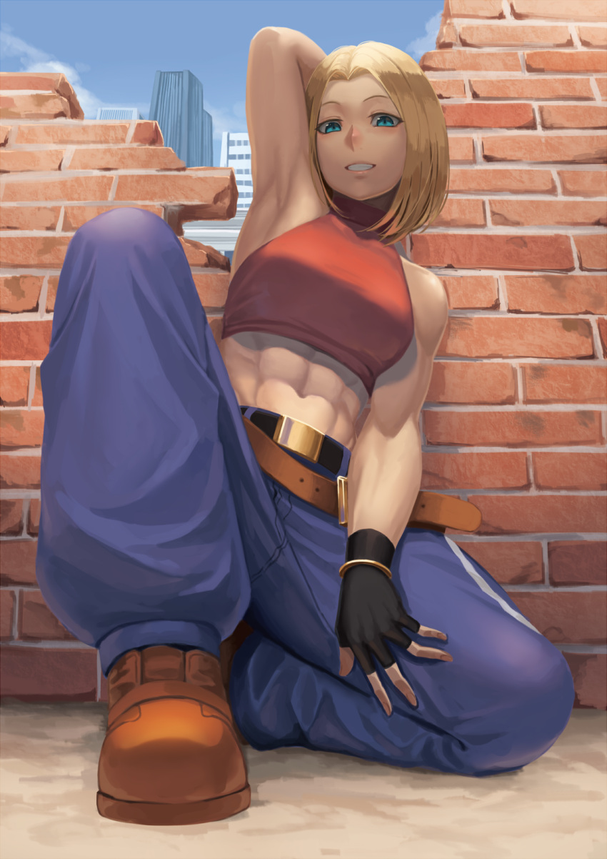 1girl abs arm_up armpits bare_shoulders blonde_hair blue_eyes blue_mary brick_wall building fatal_fury fingerless_gloves gloves grin halter_top halterneck highres knee_up looking_at_viewer midriff multiple_belts muscle muscular_female navel one_knee ranma_(kamenrideroz) short_hair skyscraper smile solo the_king_of_fighters