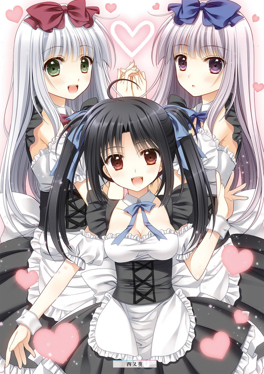 3girls :d airi_(alice_or_alice) alice_or_alice apron artist_name black_skirt blue_bow blue_neckwear blue_ribbon bow breasts choker cleavage corset eyebrows_visible_through_hair frilled_skirt frills green_eyes hair_bow heart highres holding_hand interlocked_fingers kisaki_(alice_or_alice) long_hair looking_at_viewer maid medium_breasts multiple_girls neck_ribbon nishimata_aoi open_mouth red_bow red_neckwear red_ribbon ribbon rise_(alice_or_alice) silver_hair skirt smile very_long_hair violet_eyes white_apron wrist_cuffs