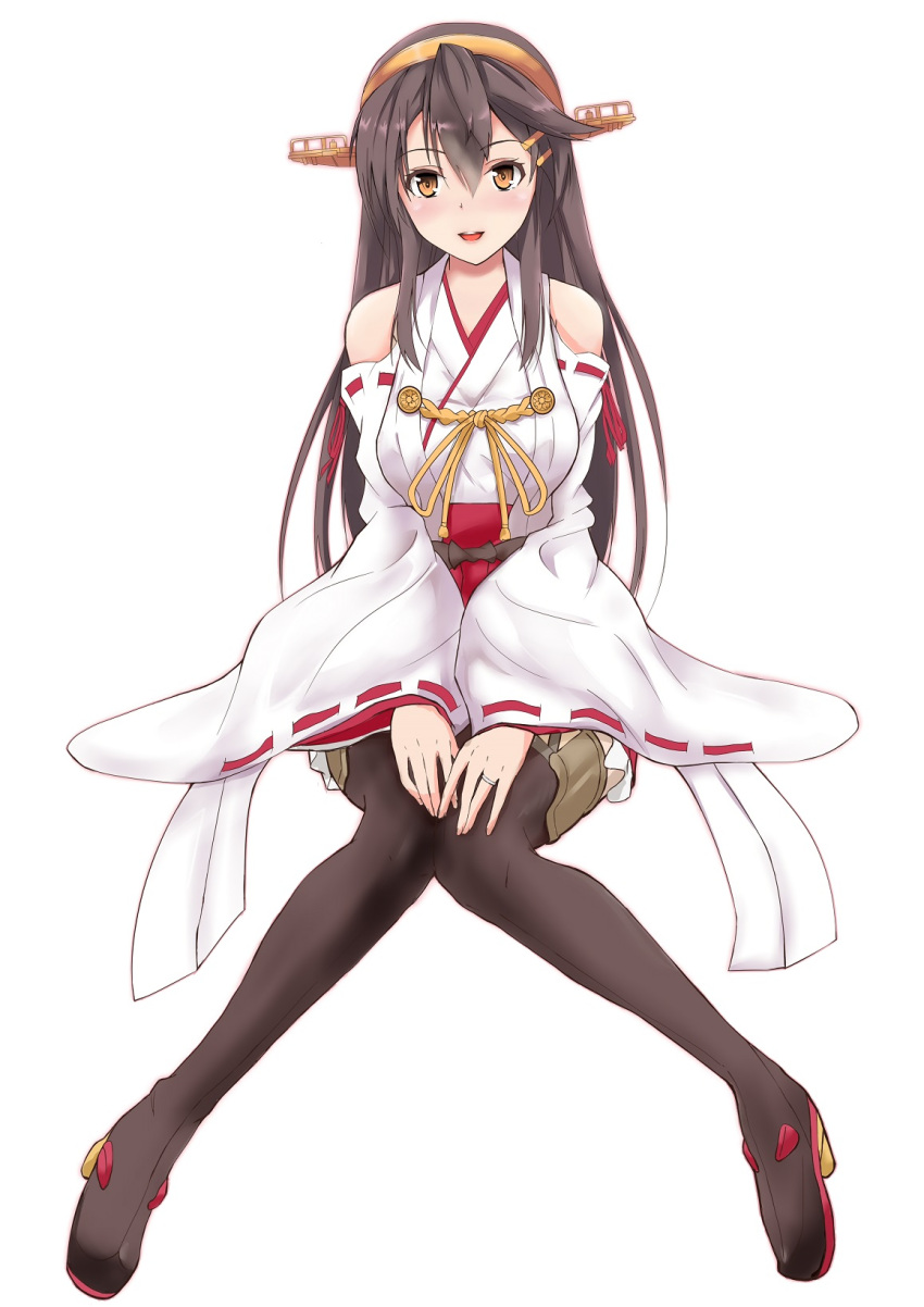 bare_shoulders black_hair black_legwear boots breasts brown_eyes detached_sleeves full_body hair_ornament hairband hairclip haruna_(kantai_collection) headgear highres japanese_clothes jewelry kantai_collection long_hair medium_breasts nontraditional_miko remodel_(kantai_collection) ribbon-trimmed_sleeves ribbon_trim ring shamo_(ptwmjgda) simple_background sitting thigh-highs thigh_boots wedding_ring white_background wide_sleeves