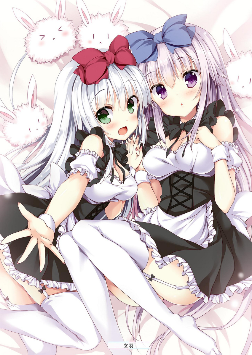 2girls airi_(alice_or_alice) alice_or_alice apron arm_strap artist_name back_bow black_bow black_neckwear black_skirt blue_bow bow bowtie breasts choker cleavage corset eyebrows_visible_through_hair eyes frilled_apron frilled_skirt frills from_above garter_straps green_eyes hair_bow highres lying medium_breasts miniskirt multiple_girls on_side outstretched_arm purple rabbit red_bow rise_(alice_or_alice) silver_hair skirt tateha_(marvelous_grace) thigh-highs white_apron white_bow white_legwear