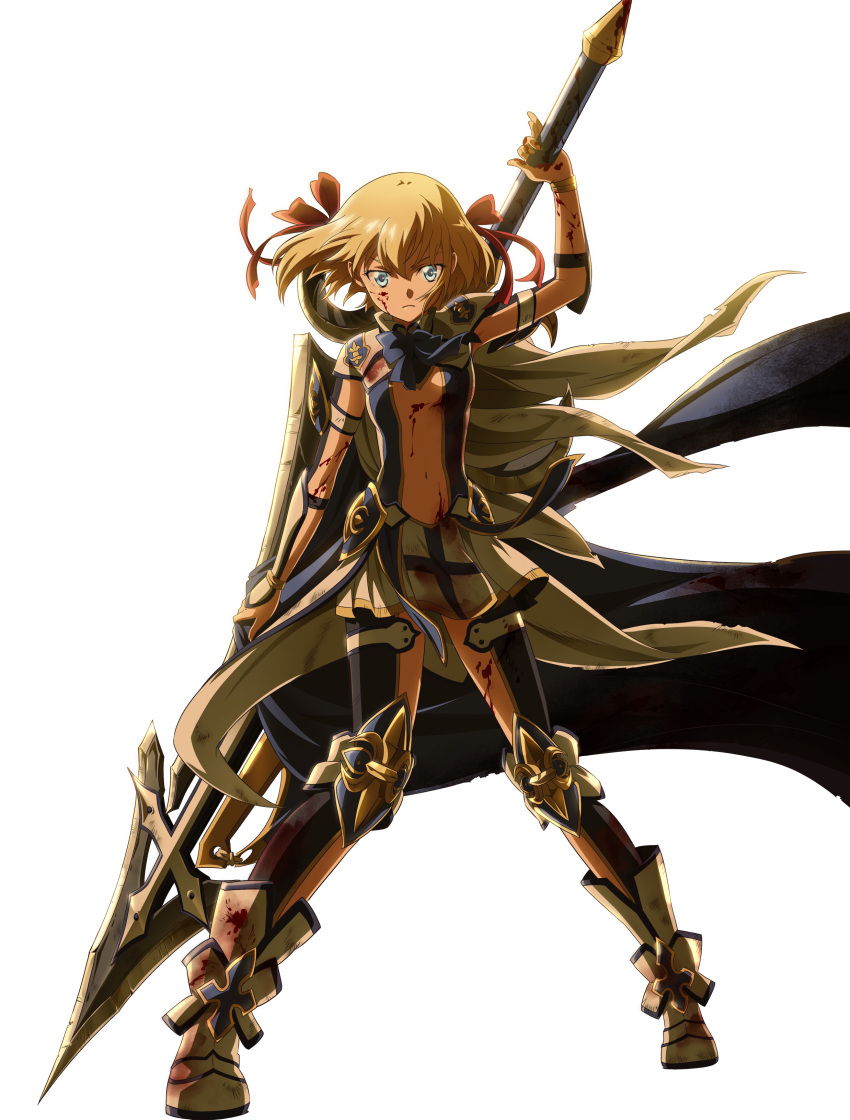 1girl absurdres armlet blonde_hair blood blood_on_face blood_splatter blood_stain blue_eyes boots breasts center_opening character_request copyright_request flag full_body hair_ribbon highres knee_pads looking_at_viewer miniskirt neck_ribbon official_art polearm ribbon short_hair skirt small_breasts solo spear transparent_background vambraces weapon