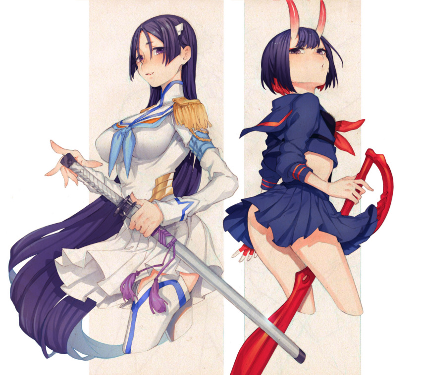 2girls bakuzan bangs black_hair cosplay cowboy_shot cropped_legs crossover fate/grand_order fate_(series) gloves hair_ornament holding holding_weapon honda_(obon) junketsu kill_la_kill kiryuuin_satsuki kiryuuin_satsuki_(cosplay) long_hair looking_at_viewer matoi_ryuuko matoi_ryuuko_(cosplay) minamoto_no_raikou_(fate/grand_order) multicolored_hair multiple_girls oni oni_horns partly_fingerless_gloves school_uniform scissor_blade senketsu serafuku short_hair shuten_douji_(fate/grand_order) single_glove skirt thigh-highs very_long_hair violet_eyes weapon