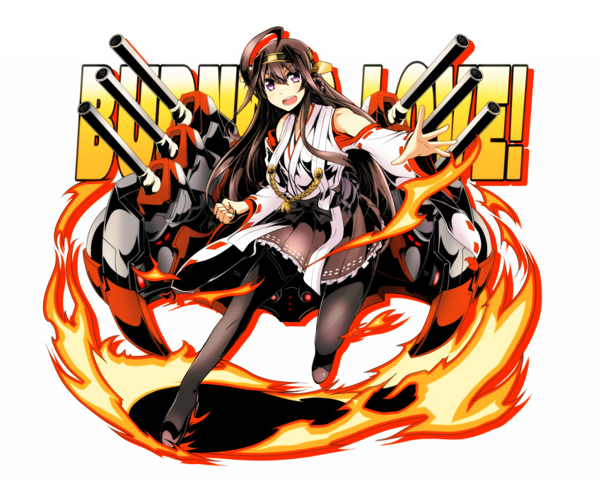 1girl :d ahoge bare_shoulders black_legwear black_skirt blush brown_hair clenched_hand detached_sleeves double_bun eyebrows eyebrows_visible_through_hair fire frilled_skirt frills full_body hair_intakes hairband highres huge_ahoge kantai_collection kongou_(kantai_collection) leg_up legs_apart long_hair long_sleeves looking_at_viewer machinery nontraditional_miko open_mouth outstretched_arm pantyhose pleated_skirt ribbon-trimmed_sleeves ribbon_trim silhouette simple_background skirt smile solo straight_hair teeth text_focus tom_(drpow) turret v-shaped_eyebrows violet_eyes white_background wide_sleeves
