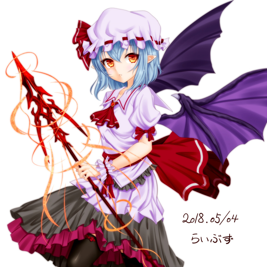 1girl adapted_costume arm_ribbon artist_name bat_wings black_legwear blue_hair breasts brooch commentary_request cowboy_shot cravat dated expressionless eyebrows_visible_through_hair hair_between_eyes hat hat_ribbon highres holding holding_spear holding_weapon jewelry lavender_shirt layered_skirt light_trail looking_at_viewer mob_cap orange_eyes pointy_ears polearm puffy_short_sleeves puffy_sleeves red_neckwear remilia_scarlet ribbon runasion sash short_hair short_sleeves simple_background small_breasts solo spear spear_the_gungnir standing thigh-highs touhou weapon white_background wings wrist_cuffs