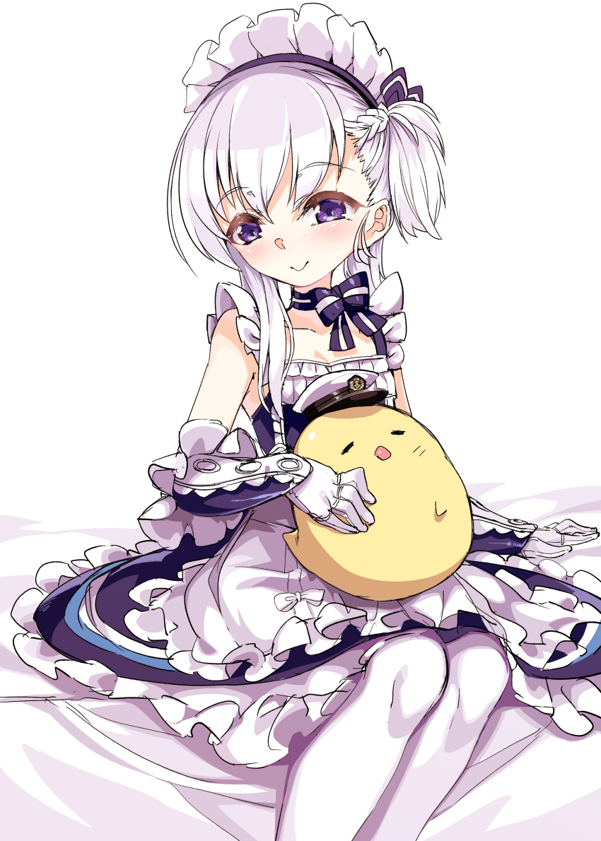 1girl absurdres animal apron azur_lane bangs bed_sheet belfast_(azur_lane) bird blue_bow blue_dress bow braid breasts closed_mouth collarbone commentary_request dress eyebrows_visible_through_hair feet_out_of_frame frilled_apron frilled_dress frills gloves hair_between_eyes harigane_shinshi hat head_tilt highres long_hair military_hat one_side_up pantyhose peaked_cap silver_hair sitting sleeveless sleeveless_dress small_breasts smile solo striped striped_bow violet_eyes white_apron white_background white_gloves white_hat white_legwear younger