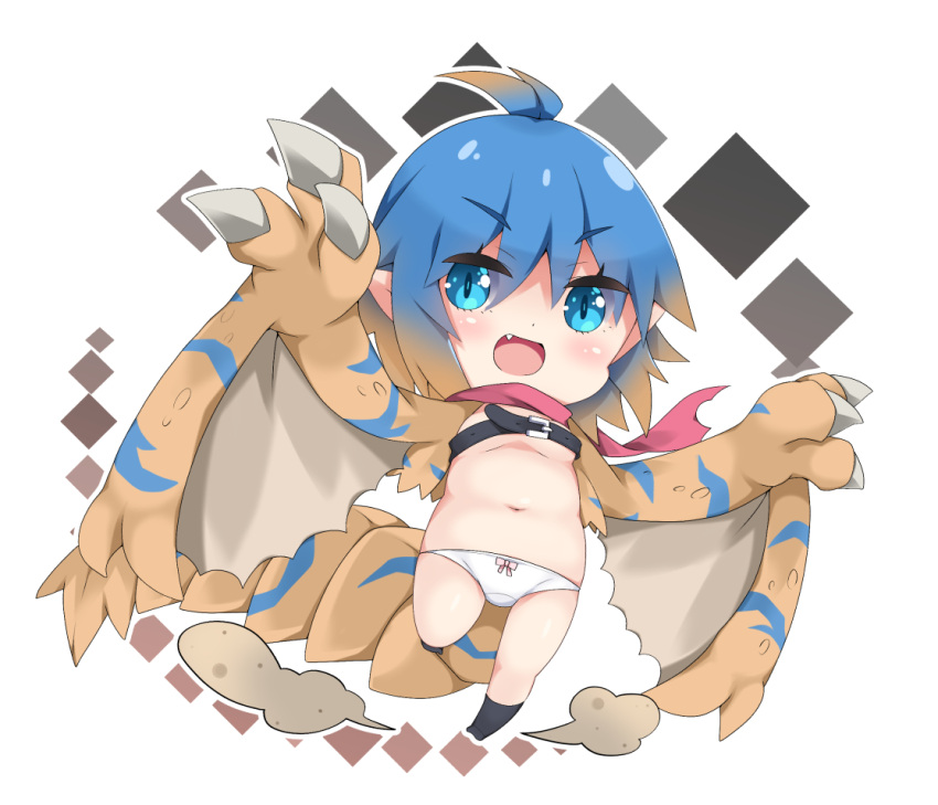 1girl :d bangs belt_buckle beltbra black_belt black_legwear blue_eyes blue_hair blush bow bow_panties breasts brown_hair brown_wings buckle commentary_request eyebrows_visible_through_hair fang gradient_hair hair_between_eyes milkpanda monster_girl monster_hunter multicolored_hair navel no_shoes open_mouth panties personification pink_scarf pointy_ears scarf small_breasts smile socks solo standing standing_on_one_leg tail underwear v-shaped_eyebrows white_panties wings