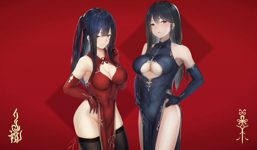 2girls absurdres armpits bangs bare_legs bare_shoulders black_dress black_gloves black_hair black_legwear blush breasts china_dress chinese_clothes cleavage cleavage_cutout closed_mouth covered_navel cowboy_shot dress earrings elbow_gloves gloves groin hair_ribbon hands_on_hips hayabusa highres huge_filesize jewelry large_breasts long_hair looking_at_viewer mole mole_on_body mole_on_breast mole_under_mouth multiple_girls no_panties one_side_up open_mouth original pelvic_curtain red_background red_dress red_gloves red_ribbon ribbon shiny shiny_hair signature simple_background sleeveless sleeveless_dress smile standing straight_hair thigh-highs violet_eyes