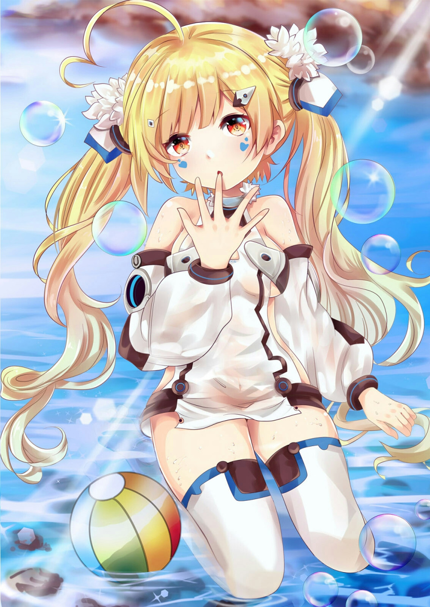 1girl ahoge azur_lane ball bangs bare_shoulders beachball blonde_hair blue_sky blush breasts chestnut_mouth clouds commentary_request day detached_sleeves dress eldridge_(azur_lane) eyebrows_visible_through_hair facial_mark finger_to_mouth hair_ornament head_tilt heart_ahoge highres long_hair long_sleeves medium_breasts mutang no_shoes outdoors parted_lips puffy_long_sleeves puffy_sleeves red_eyes seiza shallow_water sitting sky sleeveless sleeveless_dress soles solo thigh-highs twintails very_long_hair water white_dress white_legwear