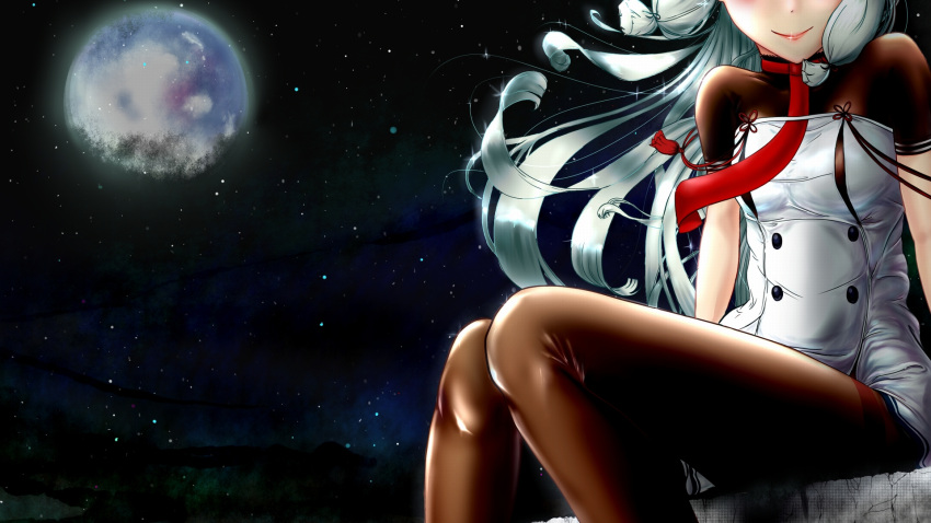 1girl bangs black_legwear blush breasts dress floating_hair gloves hair_ribbon highres kantai_collection knees_together_feet_apart lipstick long_hair looking_at_viewer makeup moon murakumo_(kantai_collection) necktie night night_sky nipple_cutout okota_(pixiv) pantyhose red_neckwear remodel_(kantai_collection) ribbon short_dress short_sleeves sidelocks silver_hair sitting sky small_breasts smile solo sparkle star_(sky) starry_sky strapless strapless_dress tassel thighband_pantyhose tress_ribbon turtleneck wind wind_lift