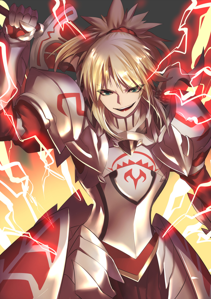 1girl armor blonde_hair breastplate clarent commentary_request electricity fate/apocrypha fate/grand_order fate_(series) faulds gauntlets green_eyes hair_ornament hair_scrunchie highres holding holding_sword holding_weapon lightning mordred_(fate) mordred_(fate)_(all) pauldrons ponytail rahato scrunchie smile sword sword_behind_back weapon