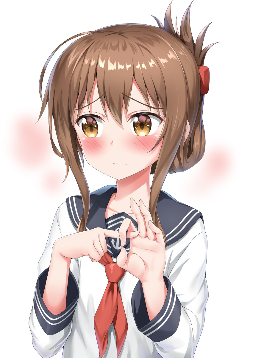 1girl absurdres anchor_symbol black_sailor_collar blush brown_hair commentary_request folded_ponytail gesture highres inazuma_(kantai_collection) kantai_collection long_hair looking_to_the_side neckerchief nedia_(nedia_region) ok_sign pointing red_neckwear sailor_collar school_uniform serafuku solo upper_body white_background
