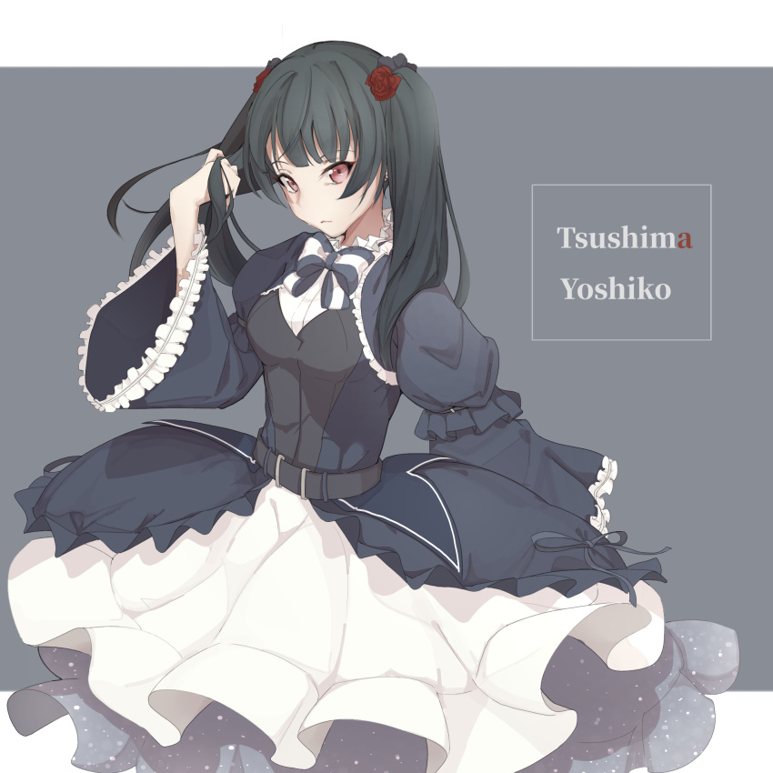 1girl alternate_hairstyle bangs belt black_hair bow bowtie character_name dress flower frilled_shirt_collar frilled_sleeves frills grey_background hair_flower hair_ornament hand_in_hair highres komiyama_(user_ycnc3474) letterboxed looking_at_viewer love_live! love_live!_sunshine!! outside_border overskirt red_flower red_rose rose simple_background solo striped_neckwear tsushima_yoshiko twintails violet_eyes wide_sleeves