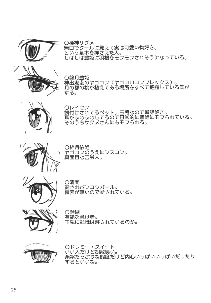 comic eyelashes eyes greyscale highres monochrome no_humans page_number sakana_(ryuusui-tei) text_focus text_only_page touhou translation_request white_background