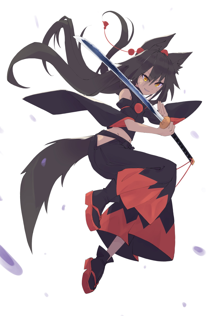 1girl absurdres alternate_color animal_ears black_skirt black_sleeves black_socks black_vest fang floating_hair groin hat highres holding holding_sword holding_weapon inubashiri_momiji kakaricho_dairi katana leaf long_hair looking_at_viewer maple_leaf midriff multicolored_clothes multicolored_skirt navel open_mouth red_footwear red_headwear red_skirt sandals skirt socks sword tabi tail tan tassel tokin_hat touhou very_long_hair vest weapon wide_sleeves wolf_ears wolf_tail yellow_eyes