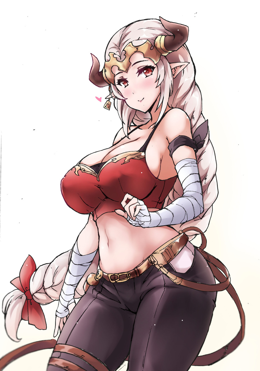 1girl absurdres aliza_(granblue_fantasy) arm_wrap armband artist_request bare_shoulders belt blush bow breasts cleavage collarbone crop_top draph earrings eyebrows_visible_through_hair granblue_fantasy hair_bow hair_pulled_back headpiece highres hips horns jewelry large_breasts long_hair looking_at_viewer low-tied_long_hair midriff navel pointy_ears red_eyes sidelocks silver_hair simple_background smile solo waist white_background