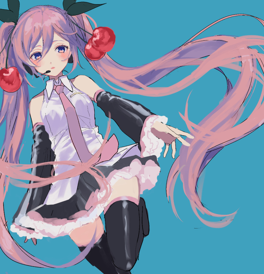 1girl alternate_color alternate_hair_color bare_shoulders black_bow black_legwear black_skirt blue_background blush bow closed_mouth detached_sleeves hair_bow hatsune_miku highres long_hair long_sleeves microphone necktie p2_(uxjzz) pink_hair pink_neckwear shirt simple_background skirt sleeveless sleeveless_shirt sleeves_past_wrists solo thigh-highs twintails very_long_hair violet_eyes vocaloid white_shirt wide_sleeves wing_collar zettai_ryouiki