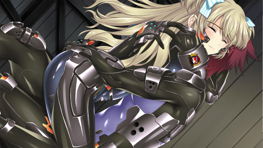 1boy 1girl blonde_hair blue_eyes blue_ribbon blush bodysuit bow cowgirl_position crying emblem hair_bow highres hug liz_hohenstein long_hair muvluv muvluv_alternative official_art pilot_suit redhead ribbon schwarzesmarken shiny shiny_clothes skin_tight straddling tears theodor_edelbach