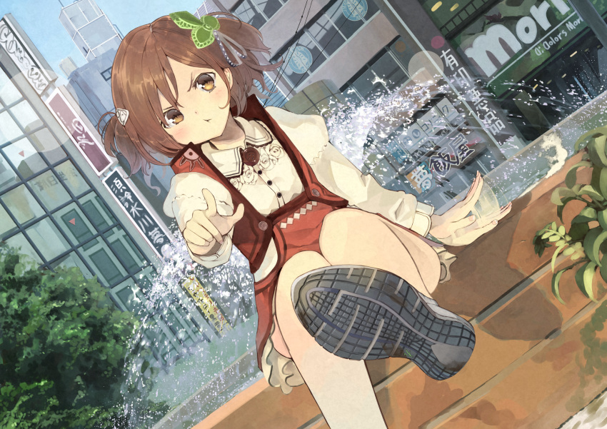 1girl :t beckoning blouse brown_eyes brown_hair buttons city dutch_angle fingernails foreshortening fountain furukawa_itsuse hair_ornament highres juliet_sleeves leg_up long_sleeves looking_at_viewer miniskirt original outdoors outstretched_arm patting plant pointing pointing_at_viewer pout puffy_sleeves red_skirt red_vest shoe_soles shoes short_hair sitting skirt sneakers solo twintails two_side_up v-shaped_eyebrows vest water white_blouse wing_collar