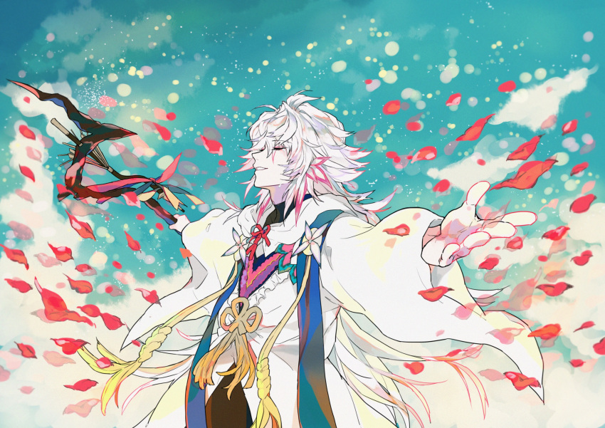1boy absurdres closed_eyes ebanoniwa fate/grand_order fate_(series) grin hair_ornament highres male_focus merlin_(fate/stay_night) outstretched_arms petals robe smile solo spread_arms staff white_hair