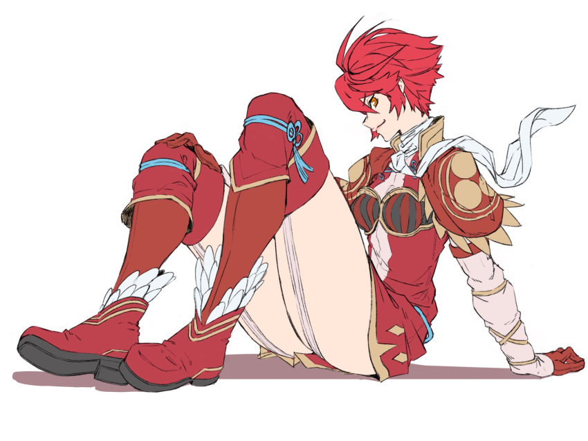 1girl armor breasts brown_eyes chest_armor fire_emblem fire_emblem_if garter_straps gloves hands_on_ground highres hinoka_(fire_emblem_if) kevvv kneehighs looking_to_the_side on_ground puffy_sleeves red_footwear redhead scarf short_hair sitting smirk thighs white_scarf