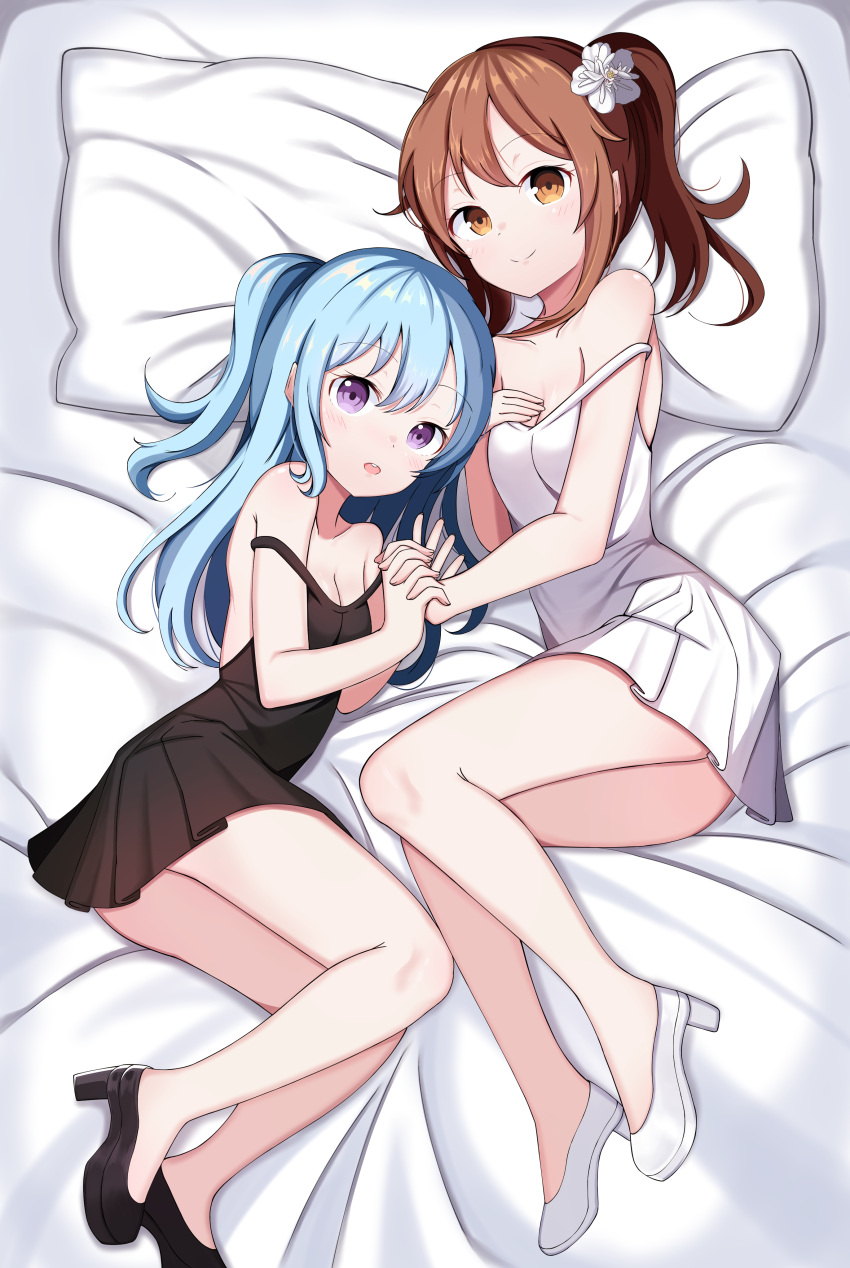 2girls absurdres bang_dream! bangs bare_arms bare_shoulders bed_sheet black_dress black_footwear blue_hair blush breasts brown_eyes brown_hair cleavage closed_mouth collarbone commentary_request crossover dress eyebrows_visible_through_hair fingernails hair_between_eyes hand_holding high_heels highres idolmaster idolmaster_cinderella_girls interlocked_fingers korean_commentary long_hair lying matsubara_kanon multiple_girls on_side one_side_up open_mouth pillow pleated_dress sleeveless sleeveless_dress small_breasts solo starfox1015 strap_slip takamori_aiko violet_eyes white_dress white_footwear