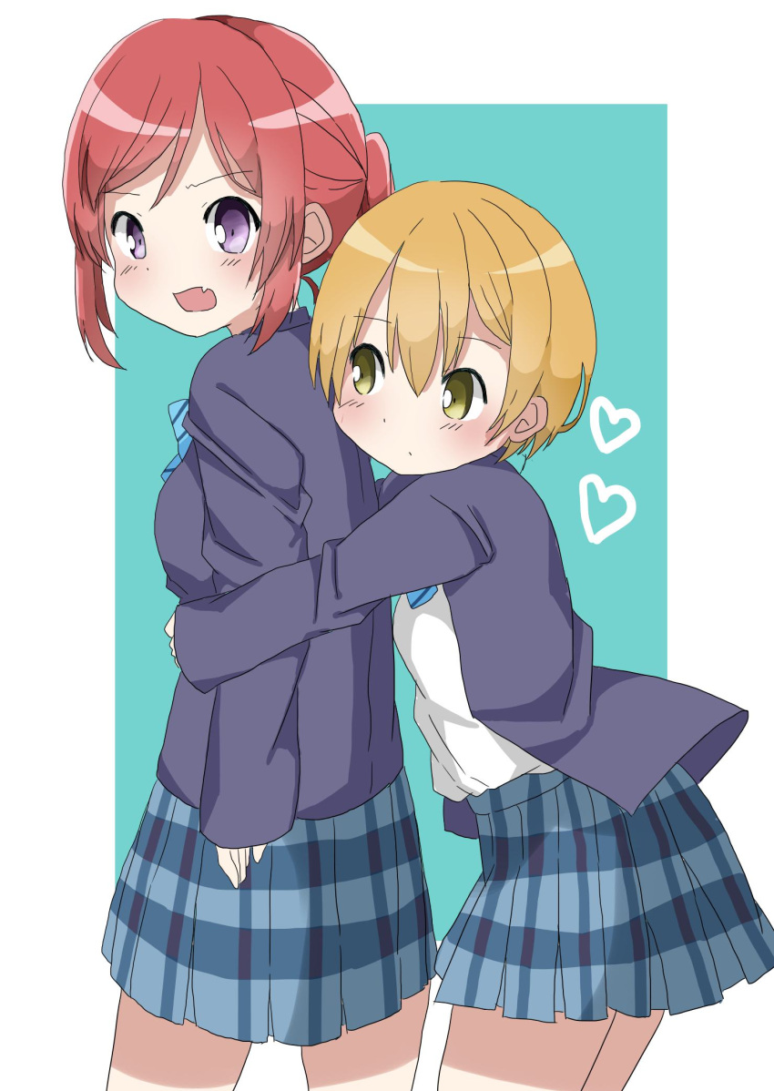 2girls bangs blazer blonde_hair blue_blazer blue_neckwear blue_skirt blush bow bowtie closed_mouth commentary_request diagonal_stripes eyebrows_visible_through_hair fang green_background green_eyes hair_between_eyes hamada_pengin heart highres hoshizora_rin hug hug_from_behind jacket long_sleeves love_live! love_live!_school_idol_project multiple_girls nishikino_maki open_blazer open_clothes open_jacket open_mouth otonokizaka_school_uniform plaid plaid_skirt pleated_skirt redhead shirt skirt sleeves_past_wrists striped striped_neckwear two-tone_background violet_eyes white_background white_shirt