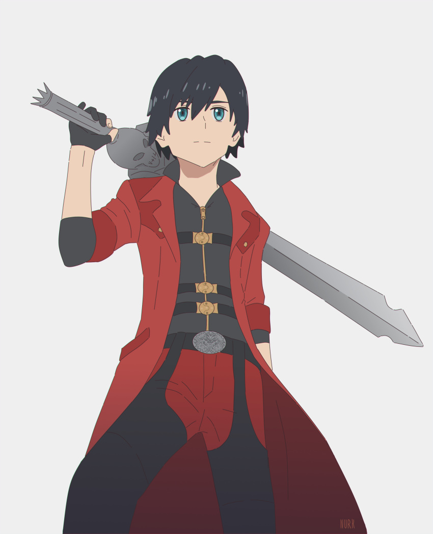 absurdres black_hair blue_eyes coat commentary cosplay dante_(devil_may_cry) dante_(devil_may_cry)_(cosplay) darling_in_the_franxx devil_may_cry devil_may_cry_4 hand_in_pocket highres hiro_(darling_in_the_franxx) holding holding_sword holding_weapon long_coat male_focus nurk over_shoulder red_coat short_hair solo sword sword_over_shoulder weapon weapon_over_shoulder