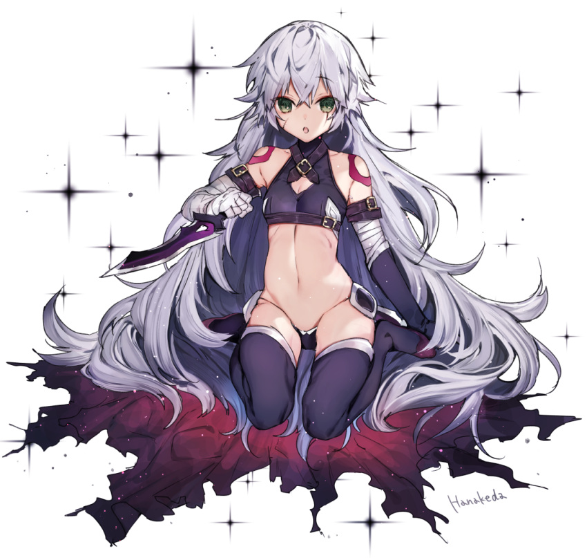 1girl :o alternate_hair_length alternate_hairstyle artist_name bandage bandaged_arm bangs bare_shoulders black_footwear black_gloves black_legwear black_panties black_shirt boots breasts commentary dagger elbow_gloves eyebrows_visible_through_hair facial_scar fate/grand_order fate_(series) gloves green_eyes hair_between_eyes hanakeda_(hanada_shiwo) holding holding_dagger holding_weapon jack_the_ripper_(fate/apocrypha) long_hair looking_at_viewer navel panties parted_lips scar scar_across_eye scar_on_cheek shirt shoulder_tattoo silver_hair single_elbow_glove sitting sleeveless sleeveless_shirt small_breasts solo sparkle tattoo thigh-highs thigh_boots underwear very_long_hair wariza weapon white_background