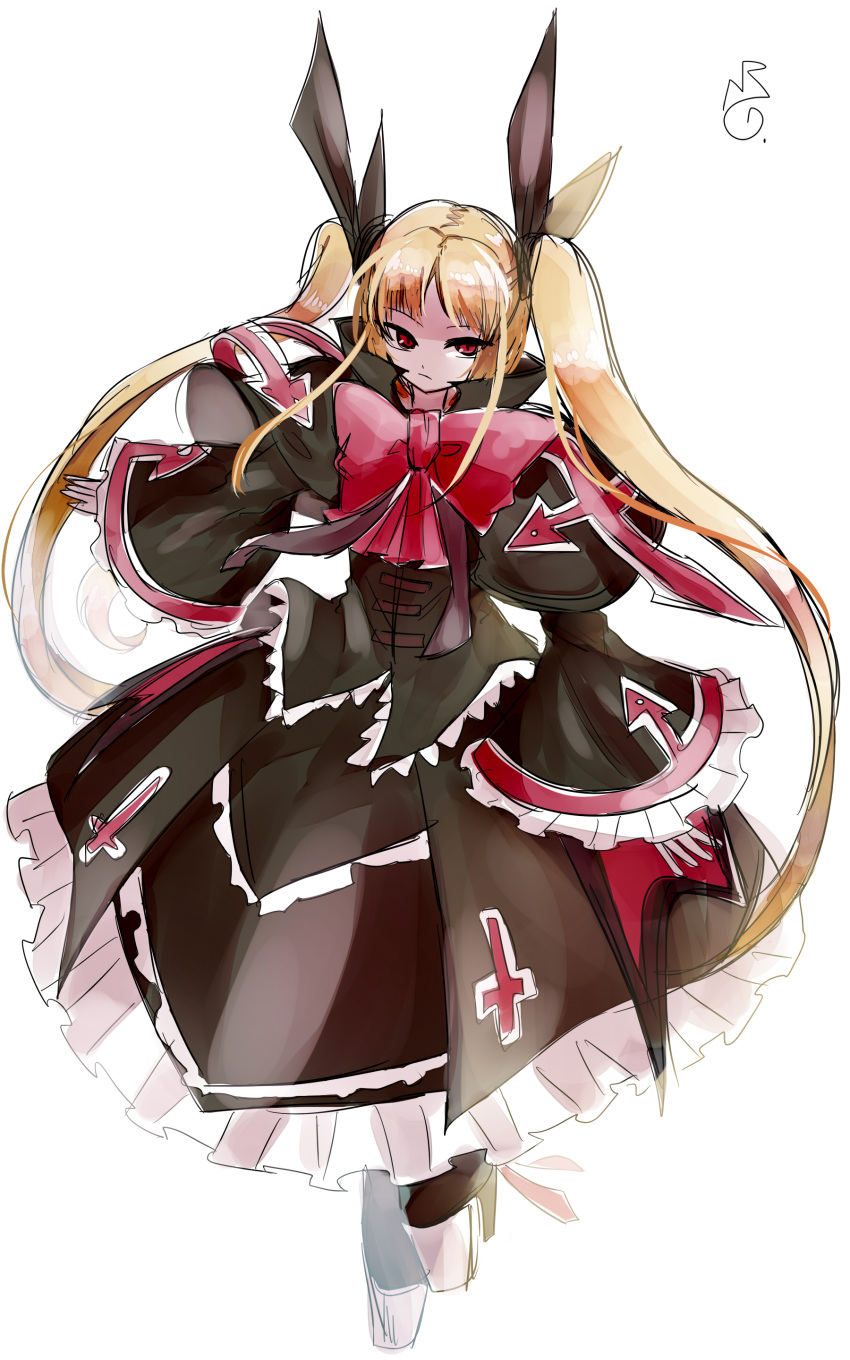 1girl absurdres asuku_(69-1-31) bangs black_capelet black_shirt black_skirt blazblue blonde_hair bow bowtie capelet closed_mouth cross frilled_skirt frilled_sleeves frills frown full_body hair_ribbon highres long_hair long_sleeves parted_bangs popped_collar rachel_alucard red_eyes red_neckwear ribbon shirt simple_background skirt solo twintails very_long_hair white_background wide_sleeves