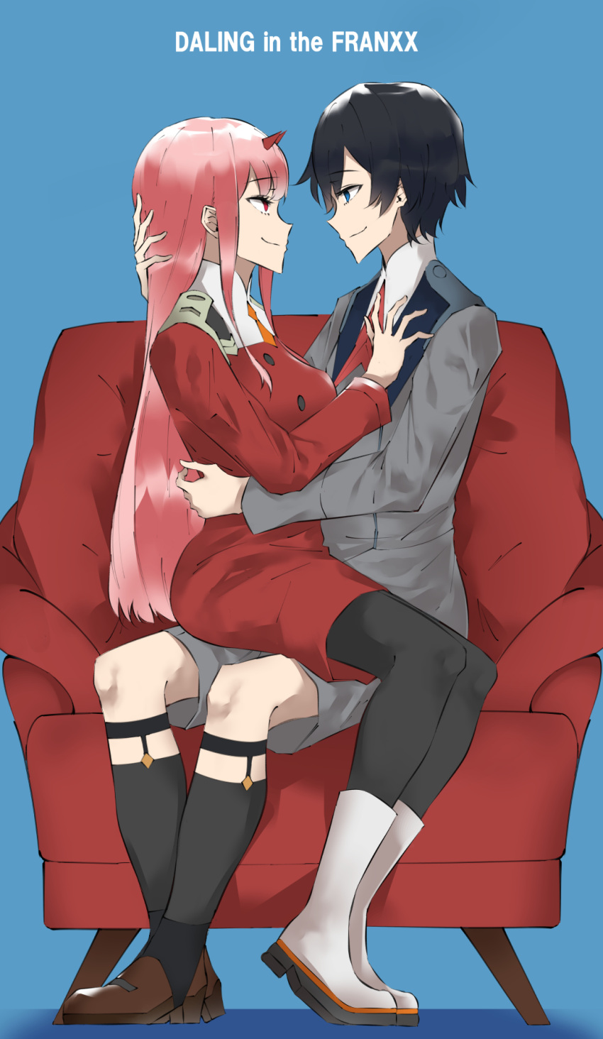 1boy 1girl black_hair black_legwear blue_eyes boots breasts brown_footwear commentary couple darling_in_the_franxx eyebrows_visible_through_hair hand_on_another's_chest hand_on_another's_head highres hiro_(darling_in_the_franxx) horns hug kaz_(kaazzz0416) large_breasts long_hair looking_at_another military military_uniform necktie oni_horns orange_neckwear pantyhose pink_hair red_eyes red_horns red_neckwear shoes short_hair sitting sitting_on_lap sitting_on_person socks uniform white_footwear zero_two_(darling_in_the_franxx)