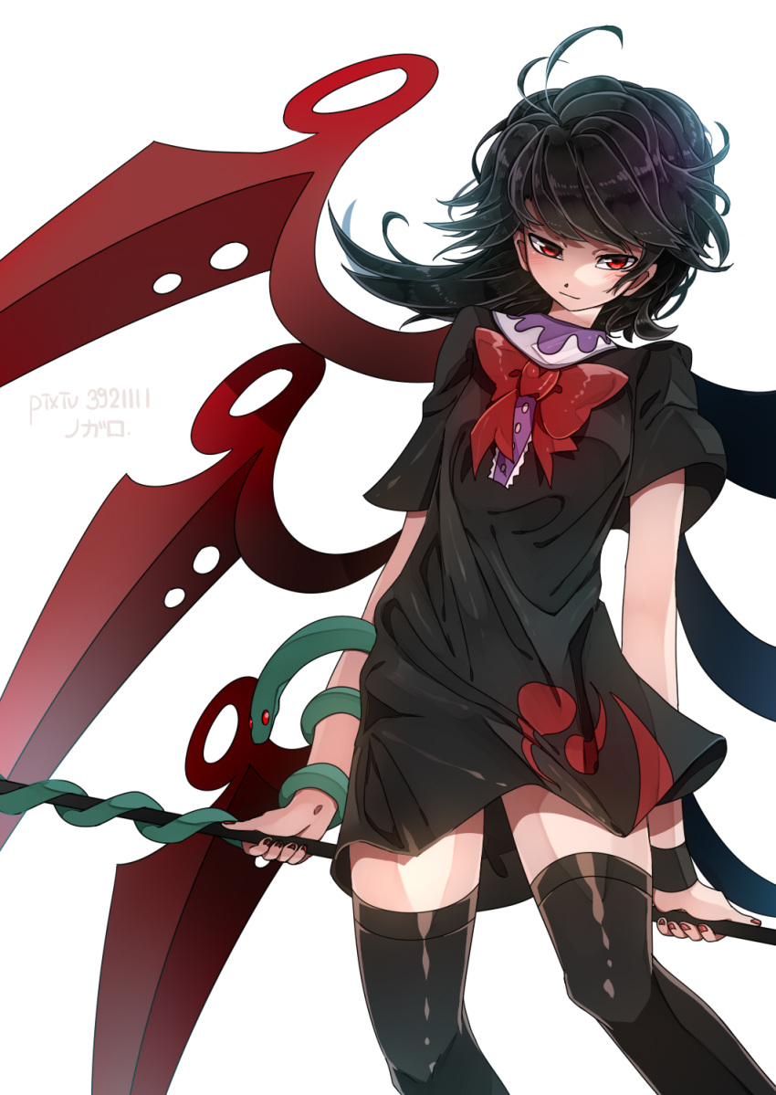 1girl animal antenna_hair artist_name asuku_(69-1-31) asymmetrical_wings bangs black_dress black_hair black_legwear blue_wings blush bow bowtie closed_mouth cowboy_shot dress fingernails highres holding holding_weapon houjuu_nue legs_apart long_hair pixiv_id red_bow red_eyes red_neckwear red_wings short_dress simple_background snake solo standing thigh-highs touhou weapon white_background wings zettai_ryouiki