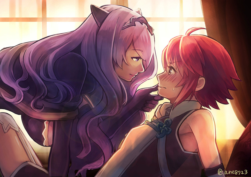 2girls ahoge ane-suisei armor armpits black_gloves blush camilla_(fire_emblem_if) curtains elbow_gloves eye_contact eyebrows_visible_through_hair fire_emblem fire_emblem_if from_side gloves hand_on_another's_chin hinoka_(fire_emblem_if) leaning_back looking_at_another multiple_girls purple_hair redhead short_hair sleeveless smile sunlight sweatdrop tiara wavy_hair window yuri