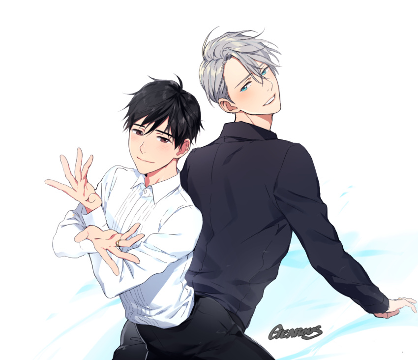 2boys arched_back artist_name back-to-back black_hair blue_eyes brown_eyes collared_shirt gearous jewelry katsuki_yuuri looking_back male_focus multiple_boys open_mouth ring shirt silver_hair smile viktor_nikiforov yuri!!!_on_ice