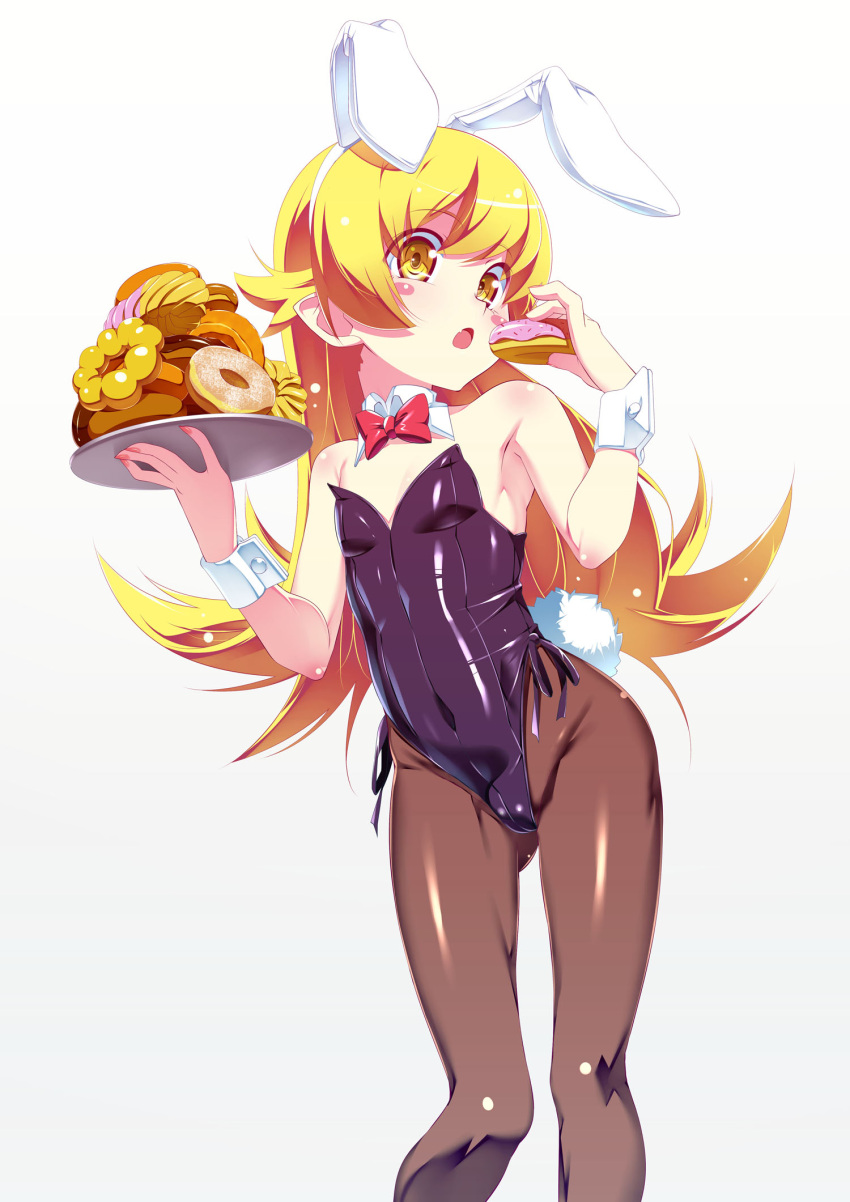 1girl alternate_costume animal_ears bakemonogatari black_legwear blonde_hair blush blush_stickers bow bowtie bunnysuit commentary_request doughnut food hairband highres long_legs looking_at_viewer monogatari_(series) nail_polish open_mouth oshino_shinobu pantyhose pointy_ears rabbit_ears shiny shiny_clothes shiny_skin solo standing tanabe_kyou tray wrist_cuffs yellow_eyes