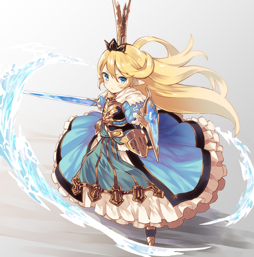 1girl :&gt; blonde_hair blue_dress blue_eyes blush breastplate charlotta_fenia commentary_request crown dress frilled_skirt frills from_above furrowed_eyebrows gauntlets gradient gradient_background granblue_fantasy greaves grey_background hair_between_eyes hair_blowing highres layered_dress long_hair looking_at_viewer nuqura outstretched_arm pointy_ears shield skirt smile solo standing sword very_long_hair water weapon wind