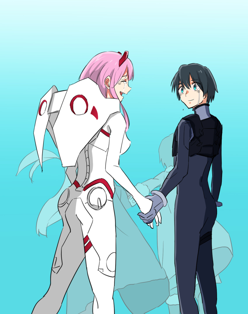 1boy 1girl asymmetrical_horns black_bodysuit black_hair blue_eyes bodysuit breasts closed_eyes couple crying darling_in_the_franxx formal gloves grey_gloves highres hiro_(darling_in_the_franxx) holding horns large_breasts long_hair looking_at_another oni_horns pink_hair red_bodysuit red_horns ryuarisato short_hair suit white_gloves white_suit zero_two_(darling_in_the_franxx)