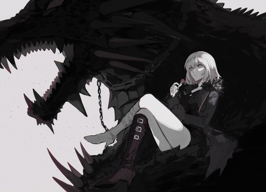 1girl bangs belt_boots black_footwear boots candy chains coat dragon ebanoniwa expressionless fate/grand_order fate_(series) food fur-trimmed_coat fur_trim greyscale high_heel_boots high_heels jeanne_d'arc_(alter)_(fate) jeanne_d'arc_(fate)_(all) legs_crossed lollipop monochrome short_hair spot_color teeth
