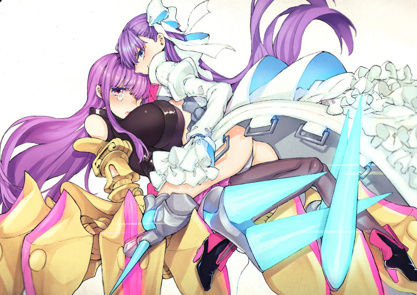 2girls ass blue_eyes breasts claws fate/extra fate/extra_ccc fate_(series) hair_ribbon honda_(obon) huge_breasts juliet_sleeves long_hair long_sleeves looking_at_viewer looking_back meltlilith multiple_girls passion_lip puffy_sleeves purple_hair purple_ribbon ribbon sidelocks sitting sitting_on_person smile thigh-highs very_long_hair violet_eyes white_ribbon