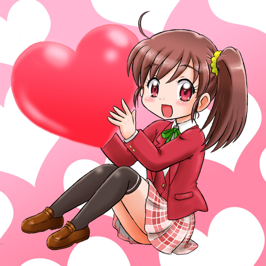 1girl :d ahoge black_legwear blazer blush_stickers brown_footwear brown_hair chibi commentary_request eyebrows_visible_through_hair graphite_(medium) green_ribbon hair_between_eyes hair_ornament hair_scrunchie heart heart_background highres hoshikawa_tsukimi jacket loafers long_sleeves looking_at_viewer millipen_(medium) open_mouth original over-kneehighs pink_background plaid plaid_skirt red_blazer red_eyes ribbon scrunchie shoes short_hair side_ponytail sidelocks sitting skirt smile solo thigh-highs traditional_media uniform waistcoat yellow_scrunchie