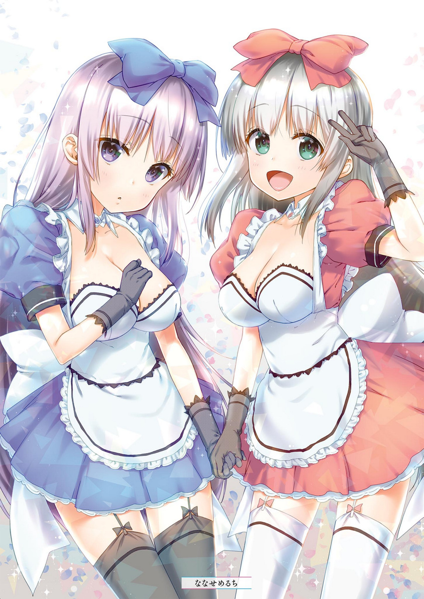 2girls :d airi_(alice_or_alice) alice_or_alice apron artist_name back_bow black_gloves blue_bow blue_shirt blue_skirt bow breasts brown_gloves brown_legwear choker cleavage collarbone cowboy_shot eyebrows_visible_through_hair floating_hair frilled_apron frilled_skirt frills garter_straps gloves green_eyes hair_bow hand_holding highres large_breasts long_hair looking_at_viewer maid miniskirt multiple_girls nanase_meruchi open_mouth orange_skirt parted_lips red_bow red_shirt rise_(alice_or_alice) shirt silver_hair skirt smile standing thigh-highs v very_long_hair violet_eyes white_apron white_bow white_legwear zettai_ryouiki
